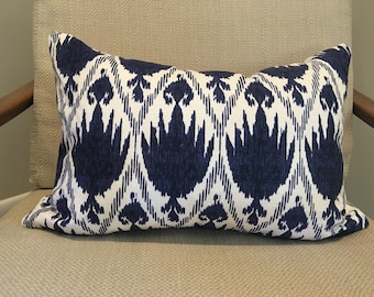 Blue and White Ikat Pillow Cover / Casablanca Designer Fabric / Handmade Home Decor Accent Pillow / In Stock