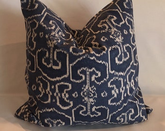 Navy Blue and Oatmeal Geometric Pillow Cover /  Fits 14 x 20 / Lacefield Designer Fabric / Handmade Home Decor Custom Accent Pillows