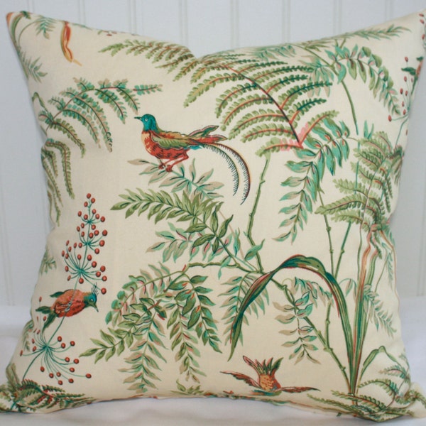 Creme and Green Fern and Bird Floral Pillow Cover / Schumacher Fabric Front with Creme Solid Back  / Handmade Home Decor / In Stock