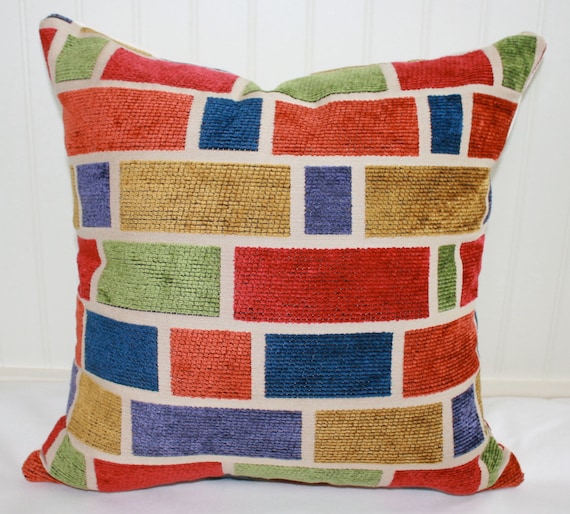 Brick Geometric Pillow Cover 18 X 18 Blue Gold Green Etsy