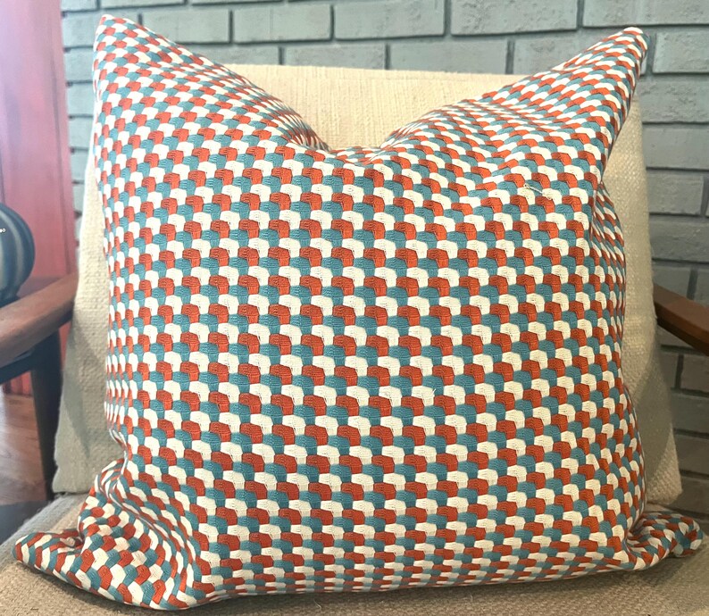 Net Pillow Pattern Modern Aqua, Orange and Ivory Geometric Pillow Cover / Designer Barrow ...