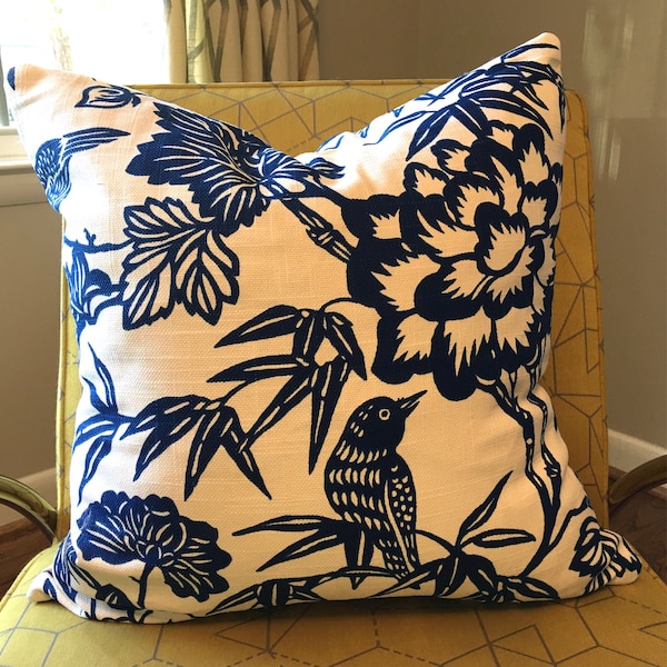 Blue and Ivory Bird Floral Pillow Cover / Thomas Paul Designer Fabric / Fabric Both Sides / Made to order