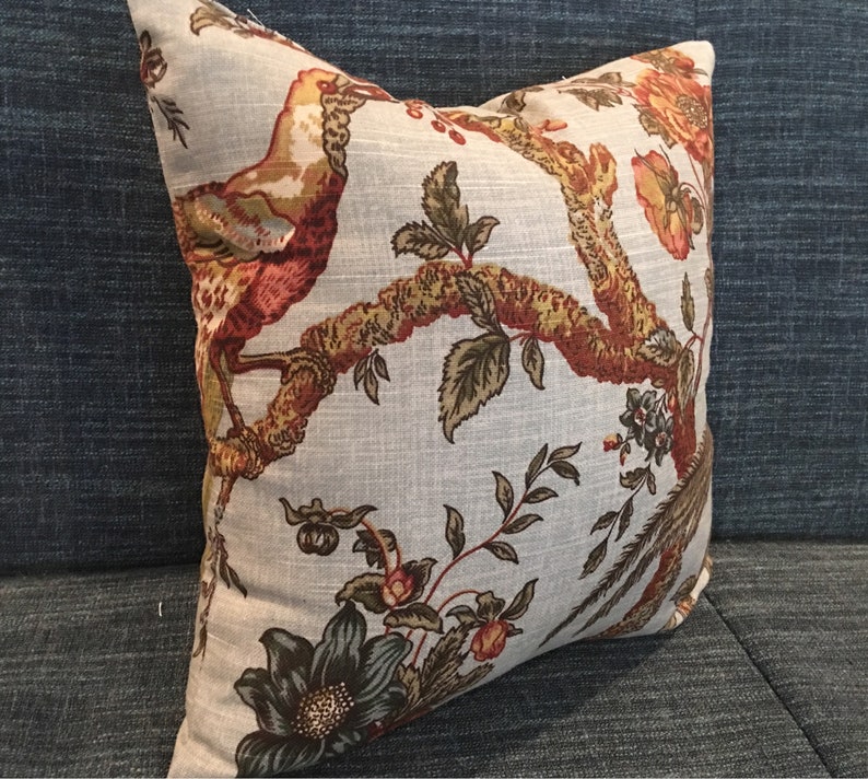 Teal Rust and Green Bird Floral Pillow Covers / Designer Etsy