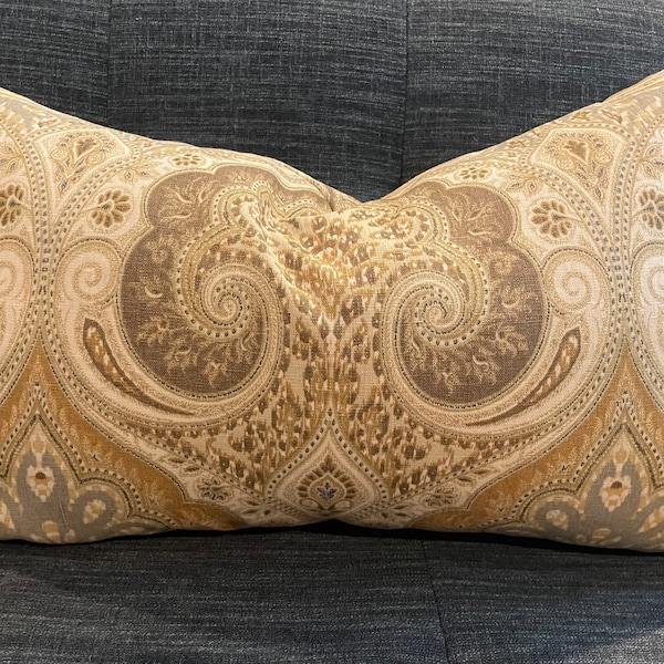 Brown, Gold, Blue and Beige Damask Paisley Pillow Cover / Designer Kravet Latika Fabric / Handmade Home Decor Accent