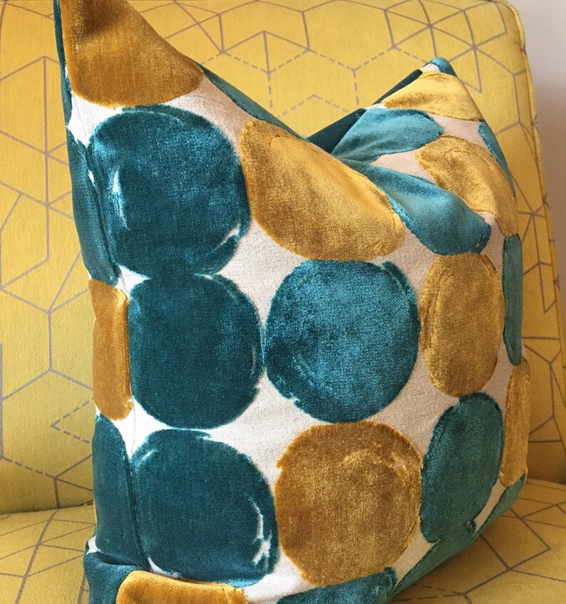 Velvet Peacock and Gold Geometric Pillow Cover / Designer Etsy