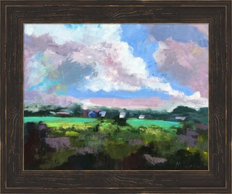 K&ouml;nnte beinhalten: Ein Gem&auml;lde einer Landschaft mit einem Feld aus gr&uuml;nem Gras und einem blauen Himmel mit wei&szlig;en Wolken. Der Himmel ist hellblau mit einem rosafarbenen Farbton am Horizont. Im Vordergrund befinden sich einige kleine B&auml;ume und B&uuml;sche.