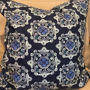 Blue and Ivory Medallion Pillow Cover / Designer Fabric / Handmade Home Decor  Accent Pillows /  22 x 22 / In Stock