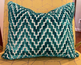 Emerald Green Velvet Geometric Pillow Cover / Designer Chevron Upholstery / Custom Handmade Home Decor Accent Pillow