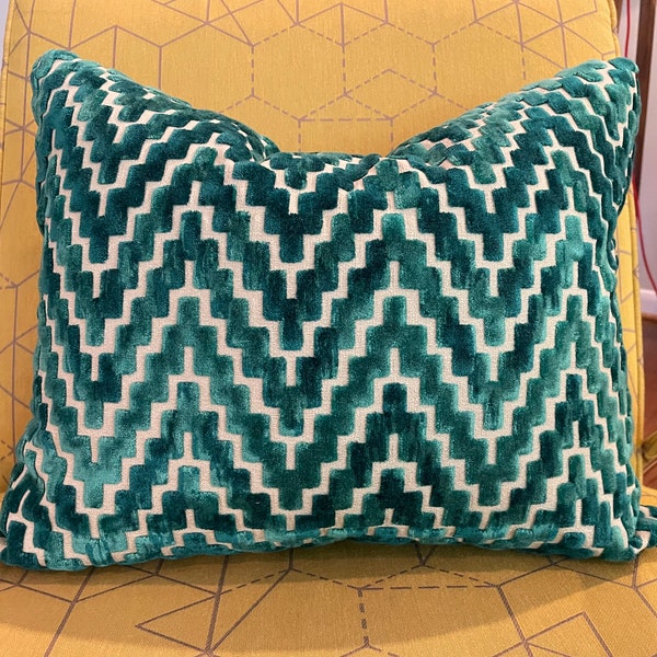 Emerald Green Velvet Geometric Pillow Cover / Designer Chevron Upholstery / Custom Handmade Home Decor Accent Pillow