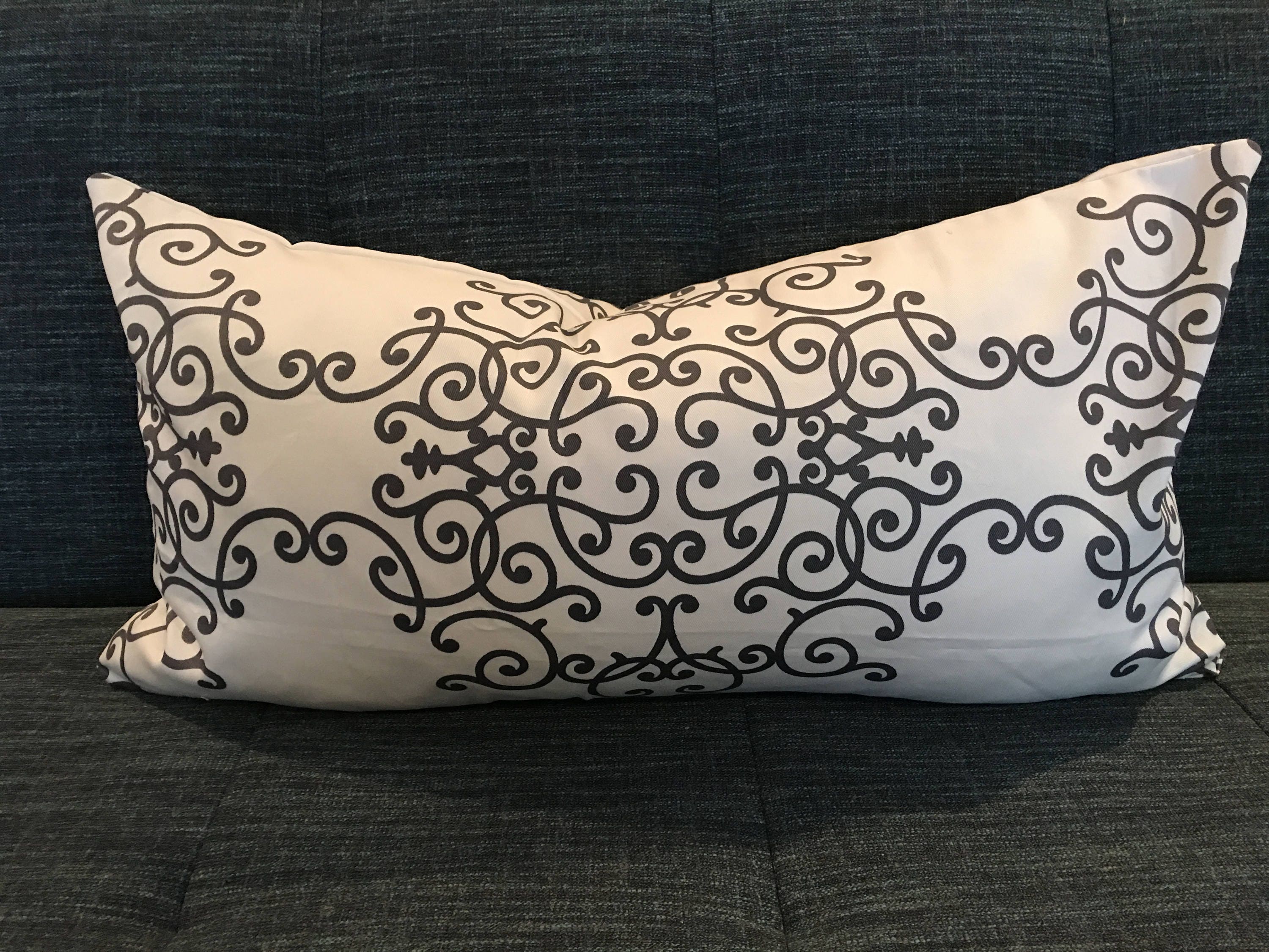 Pewter Grey and Ivory Damask Pillow Cover / 16 x 26 / Designer Etsy