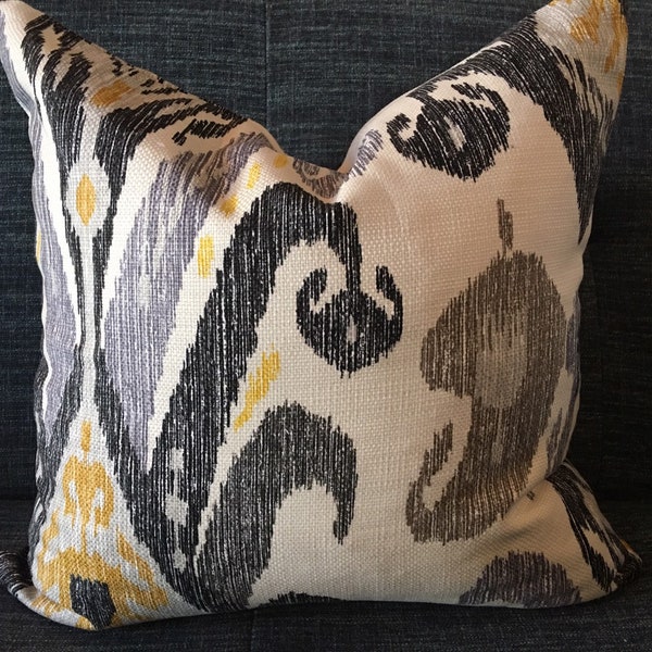 Grey, Black, Gold and Ivory Ikat Pillow Cover in Nate Berkus Kopacki Designer Fabric / Handmade Home Decor Accent Pillow Cover