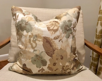 Taupe, Aqua, Ivory and Brown Floral Jacquard Pillow Cover / Designer fabric with Solid Beige Back / Handmade Home Decor Accent Pillow