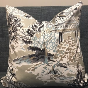 Asian Pagoda / Khaki, Charcoal, Grey, Aqua and Ivory Toile Pillow Covers  / Designer Hamilton Ming Toile Stone /  Custom Accent Pillows