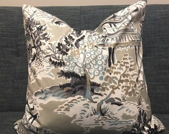 Asian Pagoda / Khaki, Charcoal, Grey, Aqua and Ivory Toile Pillow Covers  / Designer Hamilton Ming Toile Stone /  Custom Accent Pillows