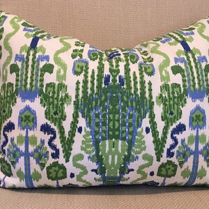 Kelly Green, Blue and Ivory Ikat Pillow Covers / Designer Fabric in Bombay Kelly / Handmade Home Decor Accent Pillows image 6