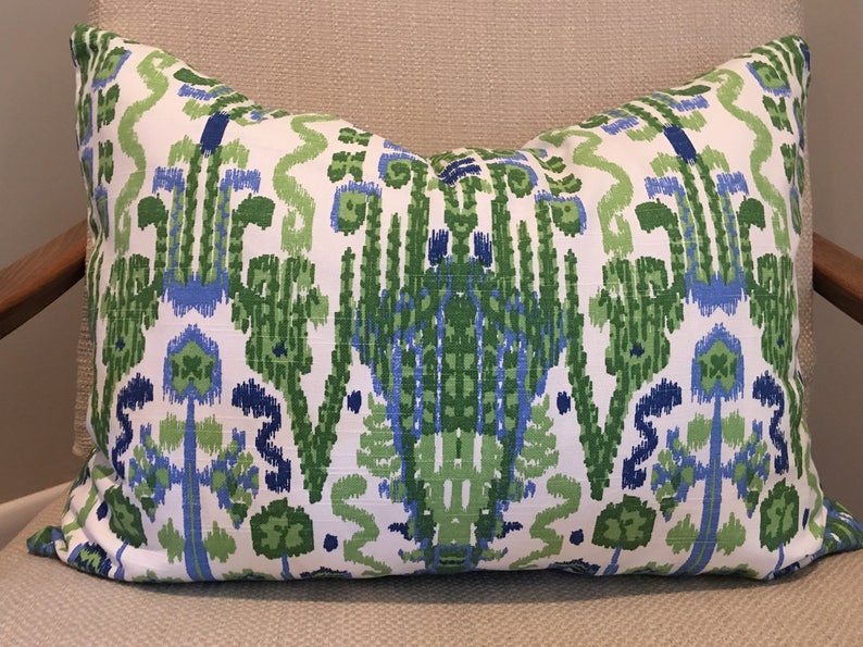 Kelly Green, Blue and Ivory Ikat Pillow Covers / Designer Fabric in Bombay Kelly / Handmade Home Decor Accent Pillows image 6