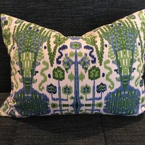 Kelly Green, Blue and Ivory Ikat Pillow Covers / Designer Fabric in Bombay Kelly / Handmade Home Decor Accent Pillows image 2