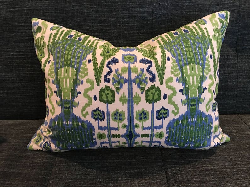 Kelly Green, Blue and Ivory Ikat Pillow Covers / Designer Fabric in Bombay Kelly / Handmade Home Decor Accent Pillows image 2