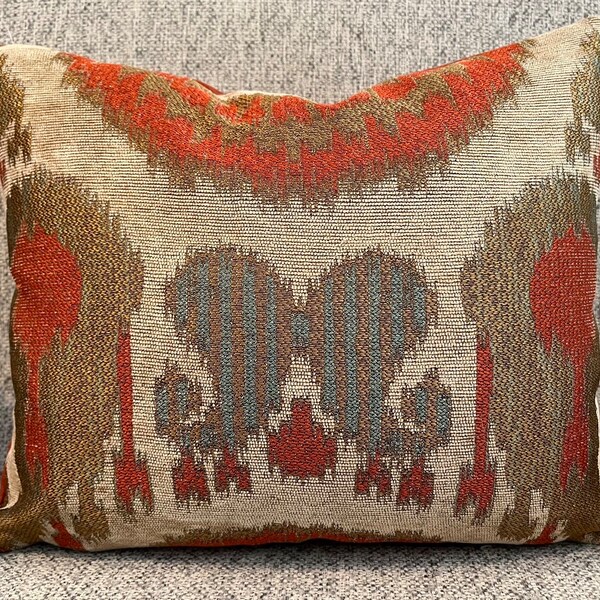 Terracotta, Teal, Gold, Beige Ikat Pillow Cover  / Solid Back / Fits 14 x 18 / Handmade Home Decor Accent Pillow / In Stock