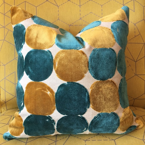 Velvet Peacock and Gold Geometric Pillow Cover / Designer Etsy