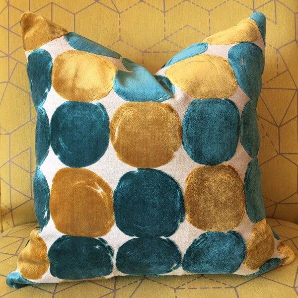 Velvet Peacock and Gold Geometric Pillow Cover / Designer Robert Allen Hot Spot Upholstery with Solid Beige Back
