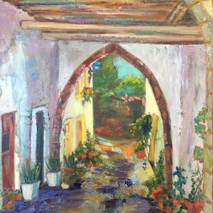 May include: A painting of a narrow, cobblestone alleyway with whitewashed walls and a wooden archway. The alleyway is lined with potted plants and flowers, and the light shines through the archway, creating a warm and inviting atmosphere.