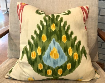 Red, Green, Blue, Gold and Ivory Ikat Pillow Cover  / Designer Robert Allen Fabric / Handmade Home Decor Accent Pillows