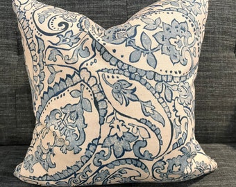 Blue and Natural Paisley Damask Pillow Covers / Designer Fabric/ Handmade Home Decor Accent Pillows / Fabric Both Sides
