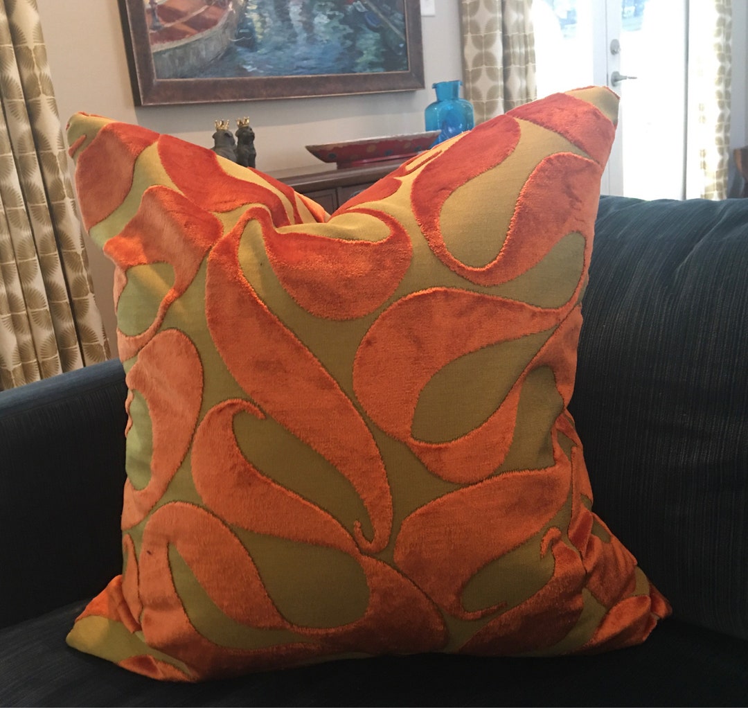Orange and Charteuse Cut Velvet Geometric Pillow Cover Designer