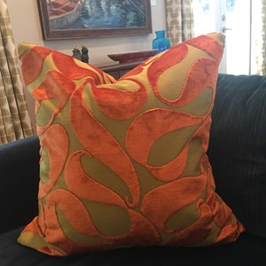 Orange and Gold Cut Velvet Geometric Pillow Cover  / Designer Velvet Upholstery / Handmade Home Decor Accent Pillow / In Stock