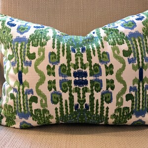 Kelly Green, Blue and Ivory Ikat Pillow Covers / Designer Fabric in Bombay Kelly / Handmade Home Decor Accent Pillows image 5