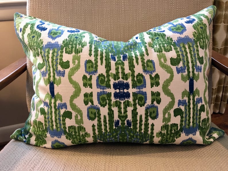 Kelly Green, Blue and Ivory Ikat Pillow Covers / Designer Fabric in Bombay Kelly / Handmade Home Decor Accent Pillows image 5
