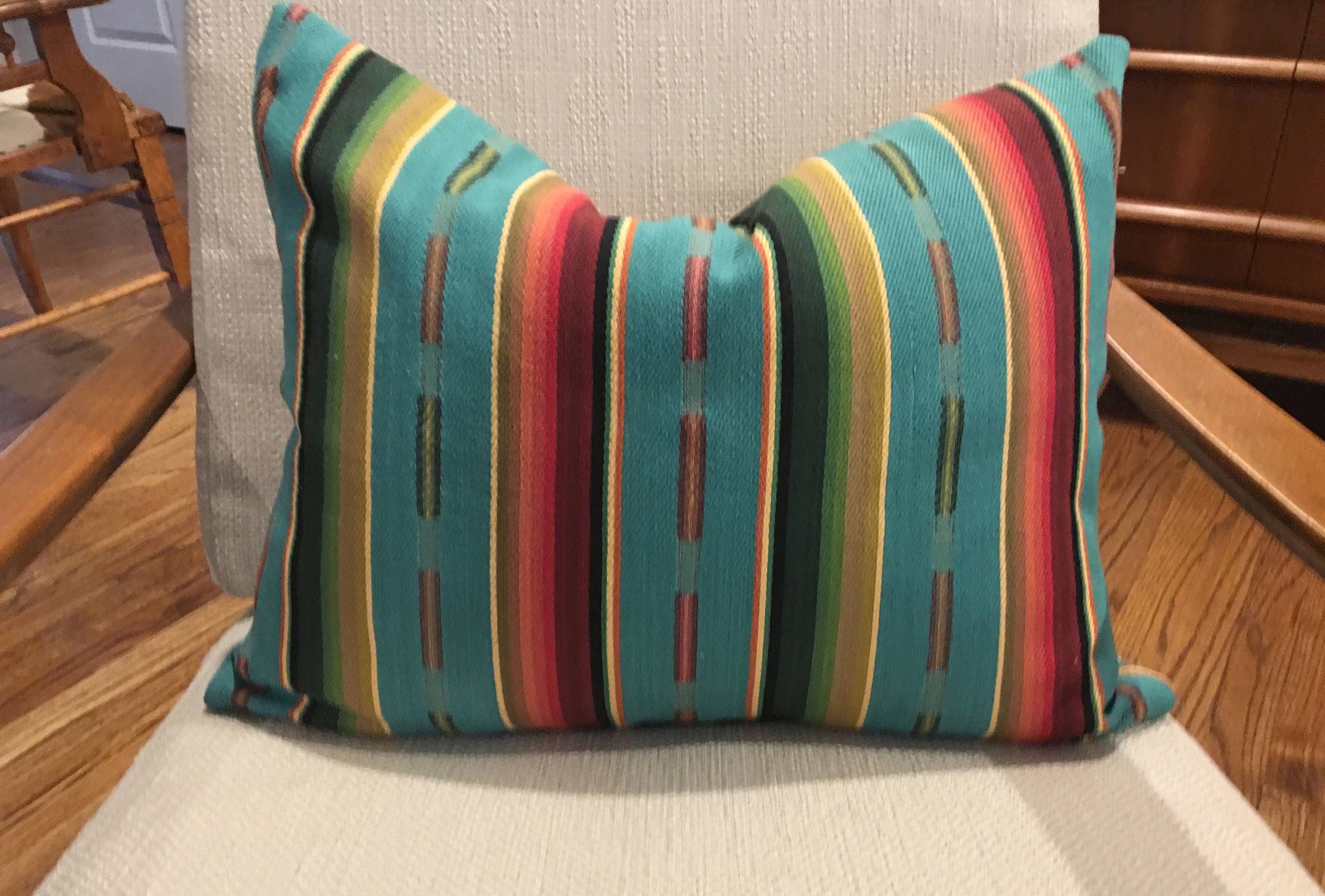 Southwest Custom Pillow Cover/Turquoise, Green, Orange & Cream Designer Stripes Sundance Turquoise Multi Fabric