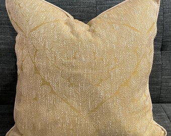 Custom Citine Gold and Ivory Damask Pillow Cover / Designer Textured Upholstery Fabric with Ivory Welt Trim / Handmade Home Decor Accent