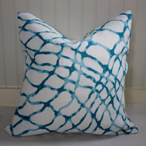 Teal and Off-White Water Color Geometric Pillow Covers / Kravet Netscape Lagoon Linen Fabric /  Handmade Home Decor Accent Pillows