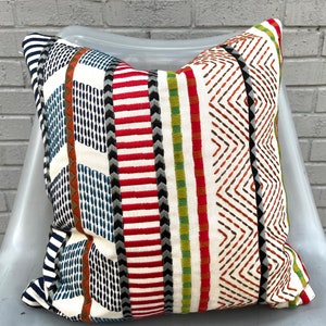 Red, Blue, Green, Ivory Embroidered Stripe Pillow Cover / Designer Rebozo Fabric by Baker Lifestyle  with Solid Ivory Back