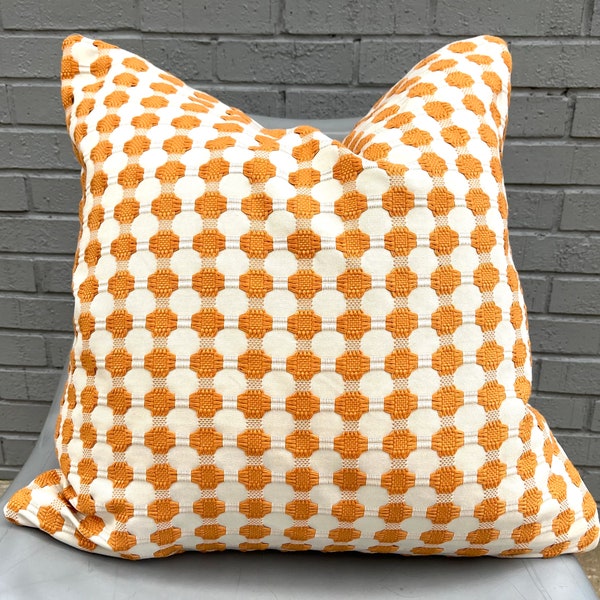 Orange and Ivory Geometric Pillow Cover / Designer Textured Woven Fabric / Handmade Accent PIllow Cover / Fabric Both Sides