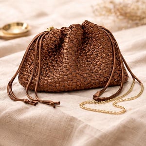 BRUMA crochet bucket bag, handmade satin mini bag, elegant evening purse, gold chain bag, Italian handmade, gift for her
