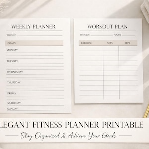 Puede incluir: Un planificador de fitness imprimible con un planificador semanal y un plan de entrenamiento. El planificador semanal tiene secciones para objetivos y cada día de la semana. El plan de entrenamiento tiene secciones para ejercicio, series y repeticiones. El texto dice "Elegant Fitness Planner Printable".