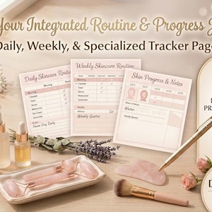 May include: Aesthetic skincare routine tracker set with the text "Start Your Integrated Routine & Progress Journey". Includes daily, weekly, and specialized tracker pages, along with skincare tools, essential oils, and a rose quartz roller.