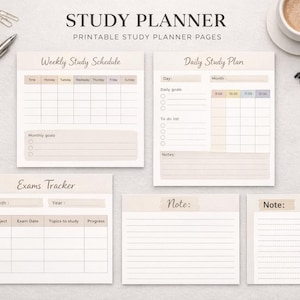 Peut inclure: Ensemble de pages de planificateur d'étude imprimables aux tons neutres. Les pages comprennent un emploi du temps hebdomadaire, un plan quotidien, un suivi des examens et des sections de notes. Le texte "STUDY PLANNER" est en haut.