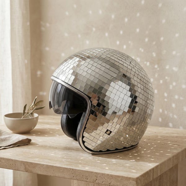 Disko Spiegelhelm mit Visier | Reflektierender Mosaik-Partyhelm | Silber Retro Festival Haarschmuck