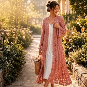 Modello PDF per cardigan boho, modello per spolverino lungo all'uncinetto con pizzo, tutorial per cardigan kimono, copricostume estivo da spiaggia, taglie XS-5XL, download PDF immediato