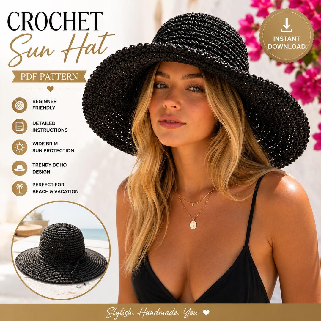 Crochet Sun Hat Pattern | Wide Brim Boho Beach Hat Tutorial (PDF ...