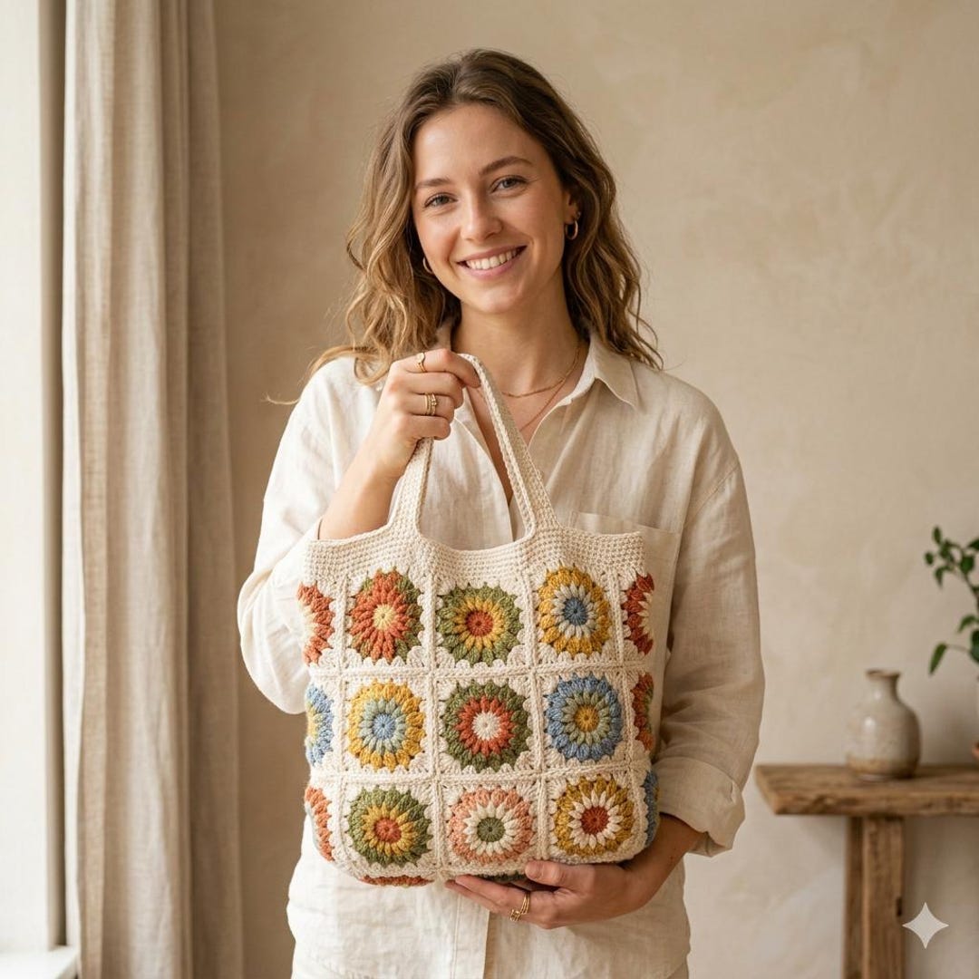 Viral Granny Square Tote Bag Crochet Pattern PDF Boho Floral Market Bag ...