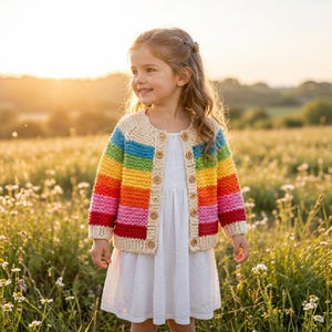 May include: A long-sleeved, button-down cardigan featuring horizontal stripes in vibrant rainbow colors including red, orange, yellow, green, blue, and purple, with a cream-colored trim and wooden buttons, worn over a simple white dress.