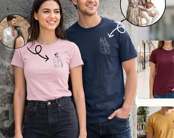 Camiseta personalizada com foto em estilo de arte linear, camiseta minimalista com retrato, camiseta personalizada para casal, camiseta com desenho de família, camiseta personalizada com contorno de foto