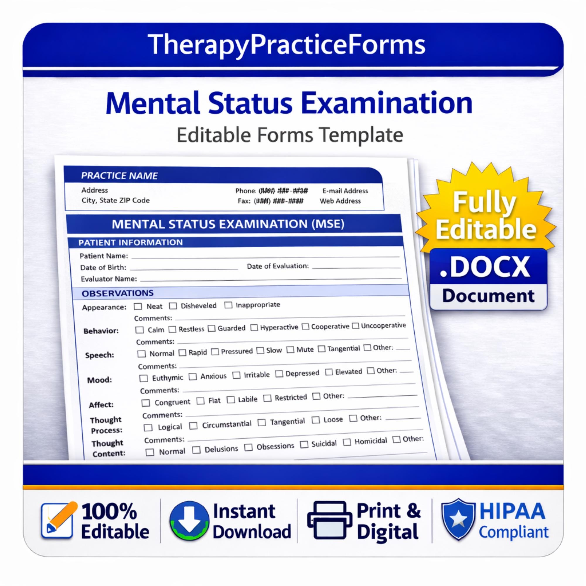 Tenpoint Mse Form Mental Status Examination (MSE) Template | Editable Clinical Assessment ...