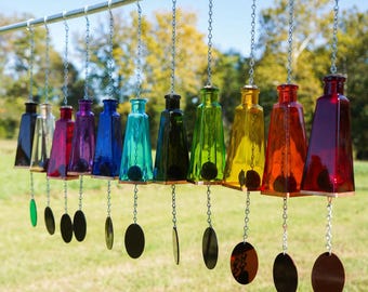 Hand Cut Glass Wind Chime, Bright Pyramid Bottle, Copper Accent, Unique Garden Decor