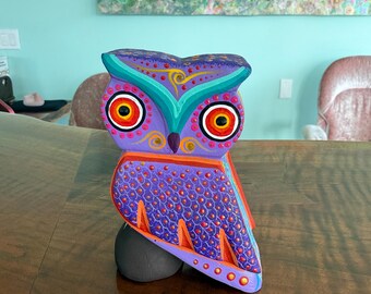 Hand-Carved Mexican Alebrije Owl Sculpture - Oaxaca Folk Art, Signed "El Milagro" Copal Wood, Vibrant Hand-Painted